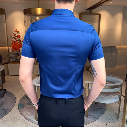 Neckline Embroidery Shirts Men Summer Short Sleeve Slim Fit Casual Shirt Men Solid Color Business Party Dress Shirt Streetwear