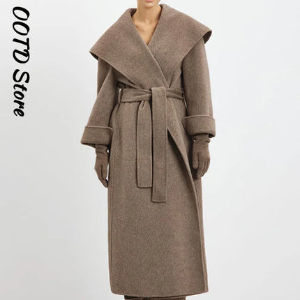 Elegant Shawl Collar Lace Up Long Woolen Coat Women Full Sleeve Belt Lapel Thick Overcoat 2025 Autumn Winter Lady Chic Outwear