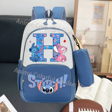 Disney Stitch Large Capacity Backpack with Pencil Bag Cartoon Letter A-Z Printed Fashion Schoolbag Book Stationery Storage Bags