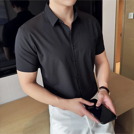 High Quality Ice Silk Elastic Jacquard Shirts 2024 Summer New Men Casual Short Sleeved Slim Fit Business Versatile Shirt 4XL-M