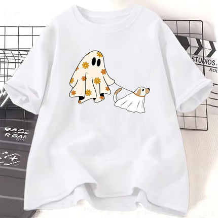 Сute Ghost Dog T-Shirt Women Men Dog Lovers Halloween Tshirts Spooky Season Fall Graphic Tee Retro Cotton Short Sleeve Tshirt