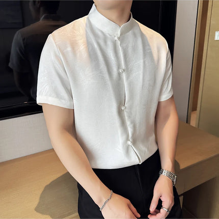 2024 Summer Chinese Style Standing Collar Shirts For Men Fashion Print Short Sleeve Slim Fit Casual Social Party Tuxedo 4XL-M