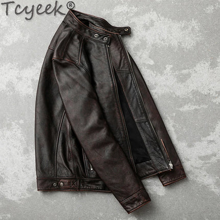Tcyeek Genuine Leather Jacket for Men Top Layer Cowhide Coats Spring Autumn Vintage Leather Coat Mens Jackets Jaqueta Masculina