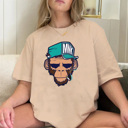Cotton Tops Smoking Monkey Cartoons Short Sleeve Women Personality Street T-Shirts Loose Oversized Tees Breathable Soft Clothing