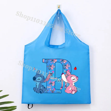 Disney Stitch Foldable Shopping Bag for Women Men High-capacity Reusable Handbags Cartoon Letter A-Z Printing Portable Tote-bags