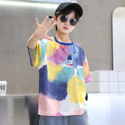 Summer Tie-Dye Cool Kids Boy Casual Tops Print Trendy Children's T-shirt Short Sleeve Teenager Tees Cotton Tshirt 4-14 Years Old