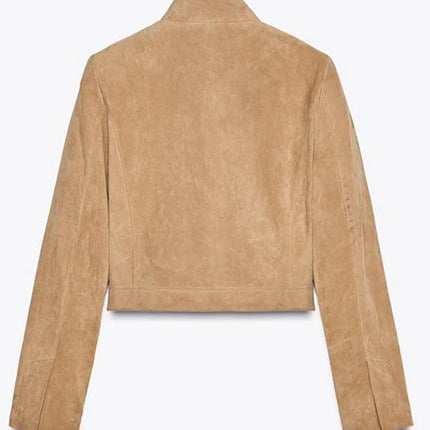 Suede Leather Short Jacket Coat Zipper Stand Collar Vintage Casual Motorcycle Jackets Baggy Front Shoulder Women Outwear Top New