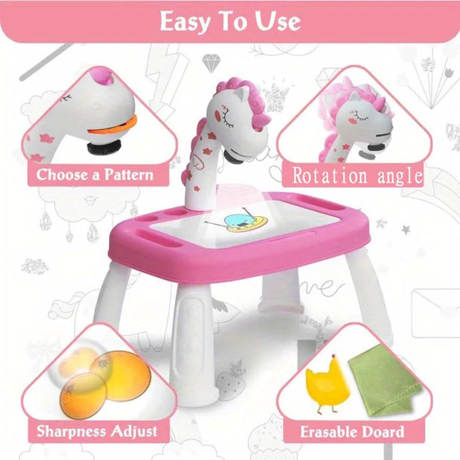 Children's projection painting table, pony shape, graffiti drawing board, electric with music, wipeable drawing board, baby earl