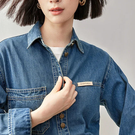SENTUBILA 100% Cotton Washed Denim Jacket for Women 2025 Spring Retro Loose Patchwork Pockets Leather Logo Coat W43C56148