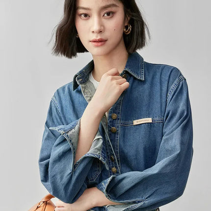 SENTUBILA 100% Cotton Washed Denim Jacket for Women 2025 Spring Retro Loose Patchwork Pockets Leather Logo Coat W43C56148