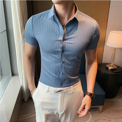 High Quality Ice Silk Traceless Striped Shirt Men's Summer Short Sleeve Slim Casual Business Shirts Tuxedo Men Clothing 4XL-M