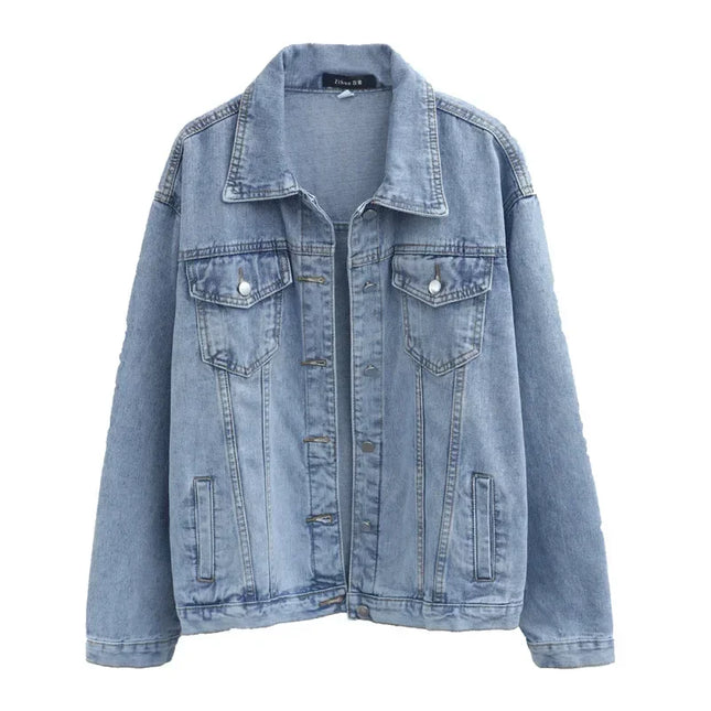 Vintage Women Jacket 2024 Autumn Winter Oversize Denim Jackets Washed Blue Jeans Coat Turn-down Collar Outwear Bomber Jacket