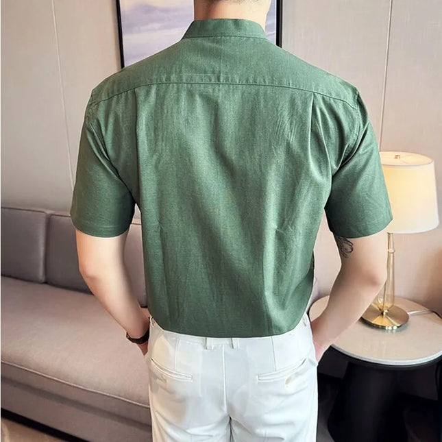 Summer New Chinese Style Linen Cotton Shirts Men's Standing Collar Short Sleeved Thin Breathable Shirt Tops Streetwear 4XL-M