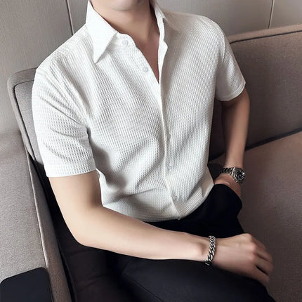 2023 Summer Waffle Short Sleeved Shirt Men Fashion Casual Solid Color Lapel Loose Shirt Male Korean Social Business Dress Blouse