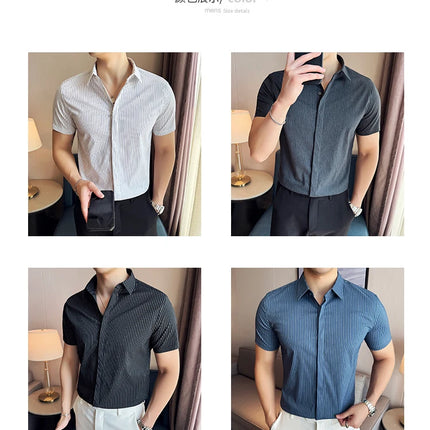 2024 Summer Fashion Vertical Striped Shirts Luxury Men's Hidden Button Short Sleeved Slim Fit Casual Business Shirt Men Clothing