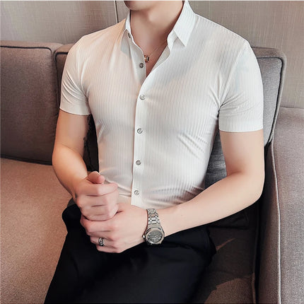 2024 Summer High Elasticity Seamless Short Sleeve Shirts Fashion Stripes Men Business Formal Wear Slim Fit Casual Dress Shirt