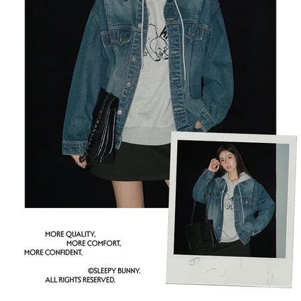 Women Retro Washed Denim Jacket Spring 2025 Oversized Drop Shoulder Loose Fit Casual Fashionable Lapel Collar Chic Jean Coat