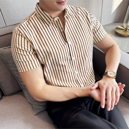 2025 Summer Fashion Vertical Striped Shirts Luxury Men's Short Sleeved Slim Fit Casual Pleated Business Shirt Men Clothing 4XL-M