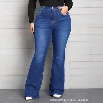 Blue Classic Fashion Flare Pants Comfort Micro Stretch Mid Waist Jeans Women Plus Size Trousers Casual Elastic Gym Sports Pant