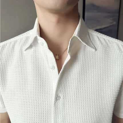 2023 Summer Waffle Short Sleeved Shirt Men Fashion Casual Solid Color Lapel Loose Shirt Male Korean Social Business Dress Blouse