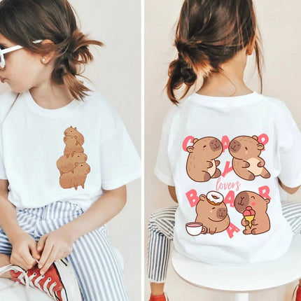 Kawaii Capybara Lovers Kids T-Shirt Short-Sleeved White T-Shirts Cartoon Tees Summer Children Top Crew Neck Children's Clothing