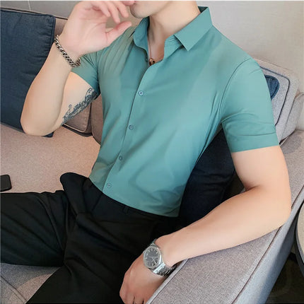 6 Colors Summer Ice Silk No Trace High Elasticity Shirt Men High Quality Short Sleeve Slim Fit Casual Business Dress Shirt 4XL-M