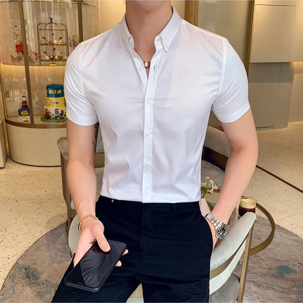 Neckline Embroidery Shirts Men Summer Short Sleeve Slim Fit Casual Shirt Men Solid Color Business Party Dress Shirt Streetwear