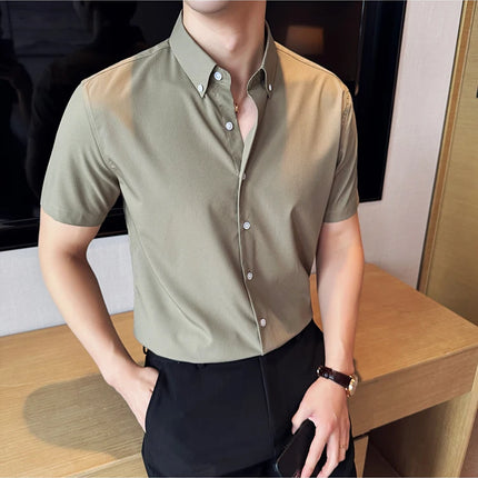 Plus Size 4XL-M High Quality Bamboo Fiber Fabric Dark Stripes Shirts Men Summer Slim Fit Casual Thin Breathable Social Shirt