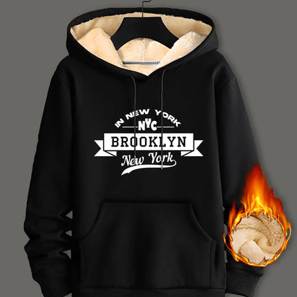 Winter Lambswool Hoodies Thicken Warm Windproof Sweatshirts Print Hooded Pullover Loose Men Women Winter Hoodies Black