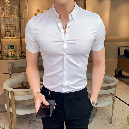Neckline Embroidery Shirts Men Summer Short Sleeve Slim Fit Casual Shirt Men Solid Color Business Party Dress Shirt Streetwear