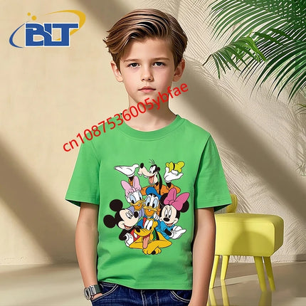 Disney Mickey Mouse and Friends print kids T-shirt pure cotton short-sleeved green top cartoon children's clothing for boys