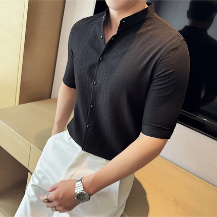 2024 Summer New Chinese Style Linen Shirts Men's Half sleeve Stand-Up Collar Linen Cotton Business Casual Slim Versatile Shirts