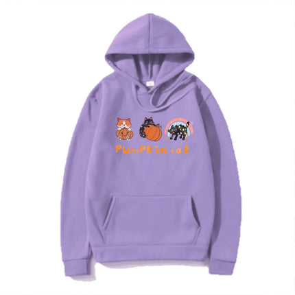 2024 Women Halloween Sweatshirt Cat And Pumpkin Pattern Cotton Drawstring Jumper Hoodie Unisex Fashion Casual Loose Sportshoodie