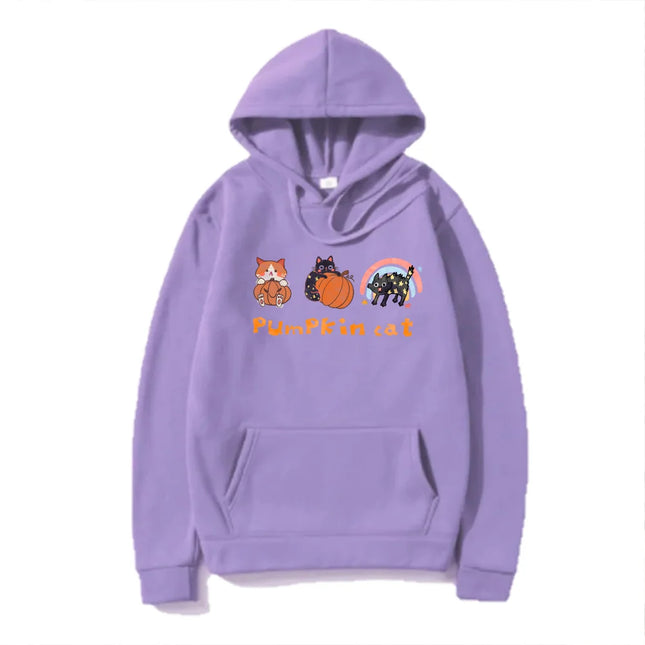 2024 Women Halloween Sweatshirt Cat And Pumpkin Pattern Cotton Drawstring Jumper Hoodie Unisex Fashion Casual Loose Sportshoodie