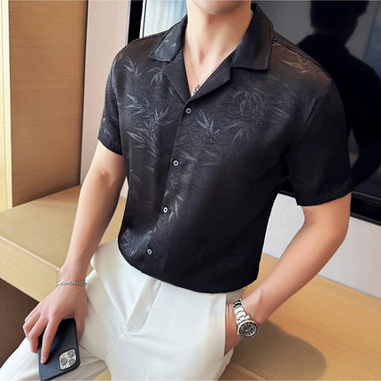 New Chinese Jacquard Shirt Luxury Men Elegant Print Slim Fit Casual Prom Social Shirts High Quality Summer Short Sleeved Tuxedo
