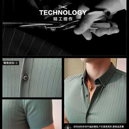 Plus Size 4XL-M Summer Mens Dark Striped Shirts Short Sleeve Fashion 2022 Korean Slim Fit Casual Business Formal Wear Blouse
