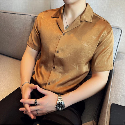 New Chinese Jacquard Shirt Luxury Men Elegant Print Slim Fit Casual Prom Social Shirts High Quality Summer Short Sleeved Tuxedo