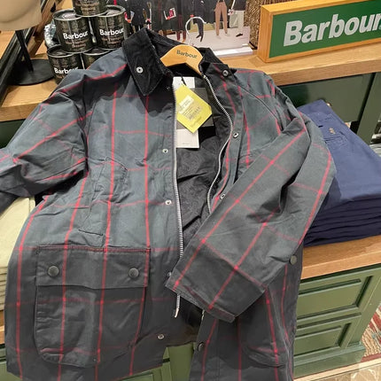 B@r Bedale Wax Coat Plaid Blue Triple Crown Slim Fit