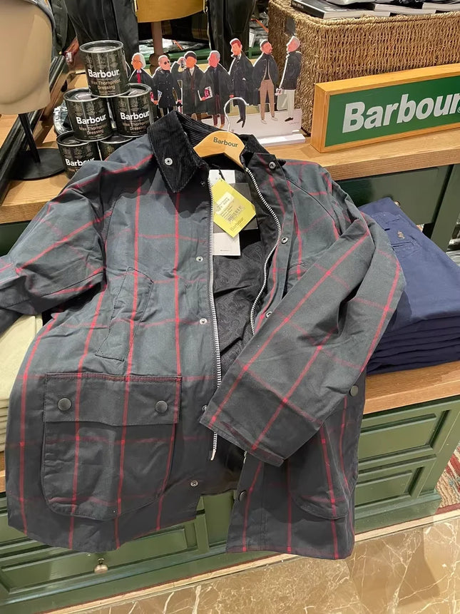B@r Bedale Wax Coat Plaid Blue Triple Crown Slim Fit