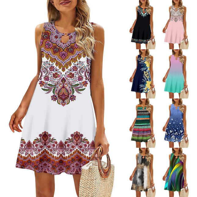 Lockeres Sommerkleid, ärmellos, Blumendruck, ausgehöhlt, V-Ausschnitt