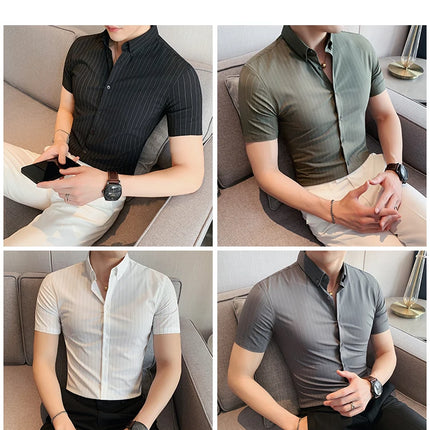 High Quality Pinstripe Casual Shirts  For Men 2024 Summer Slim Fit Business Social Elastic Social Party Shirt Plus Size 4XL-M