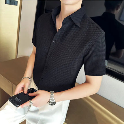 2023 Summer Waffle Short Sleeved Shirt Men Fashion Casual Solid Color Lapel Loose Shirt Male Korean Social Business Dress Blouse