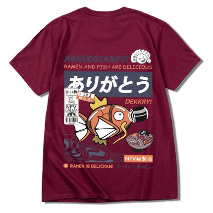 2024 Japanese fun ramen fish print hip hop men's casual comfortable cotton short sleeve T-shirt