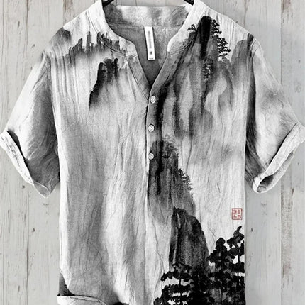 Men's Linen V-neck Shirt Hawaiian Men's T-shirt 2024 New 100% Linen Shirt HD Pattern Plus Size White Crane Landscape Painting