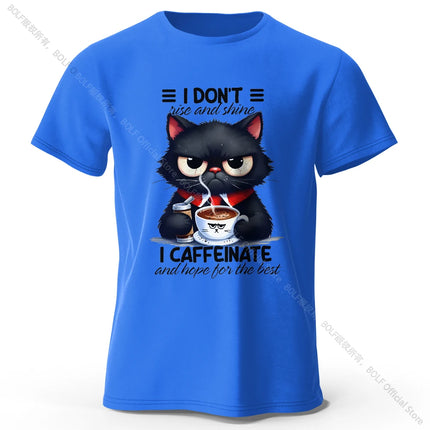 Coffee Loving Cat Print 100% Cotton T-Shirt, Soft & Breathable Round Neck Short Sleeve Tee, Unisex Fun & Quirky Style