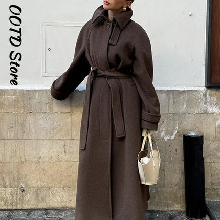 Elegant Stand Collar Overcoat Women Single Breasted Full Sleeve Solid Long Loose Coats 2025 Autumn Winter Chic Warm Lady Outwear