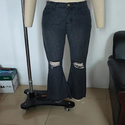 Women's Spring and Fall New Fashion Casual Ripped High-waisted Slightly Flared Pants Jeans Slim-fit Wash Jeans Long Pants Y2k