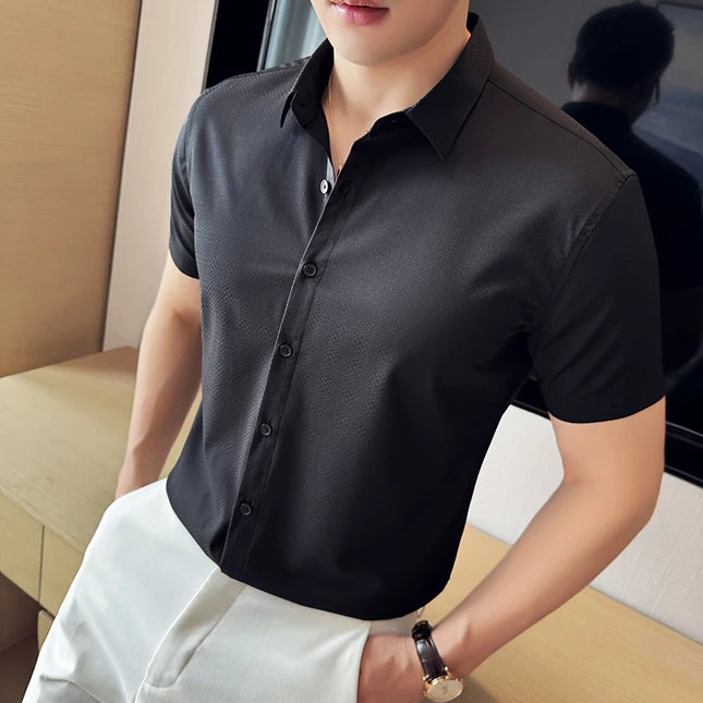 High Quality Ice Silk Elastic Jacquard Shirts 2024 Summer New Men Casual Short Sleeved Slim Fit Business Versatile Shirt 4XL-M