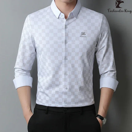 High Quality Men's Plaid Dress Shirts Slim Fit Silk Casual Long Sleeve Shirts