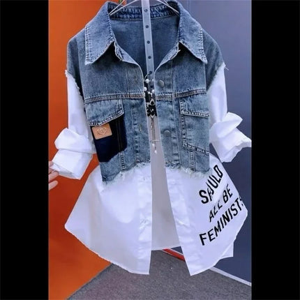 Women Denim Jacket Fake Two Denim Shirts 2025 New Spring Summer Autumn Casual Fashion Joker Stitching Striped Tops Coat Female
